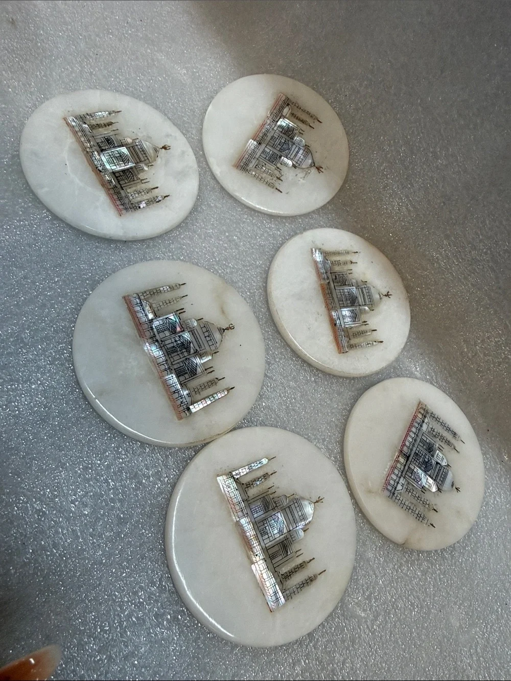 Vintage Marble Taj Mahal Coaster Set 6 White Stone Inlay Drink Coasters